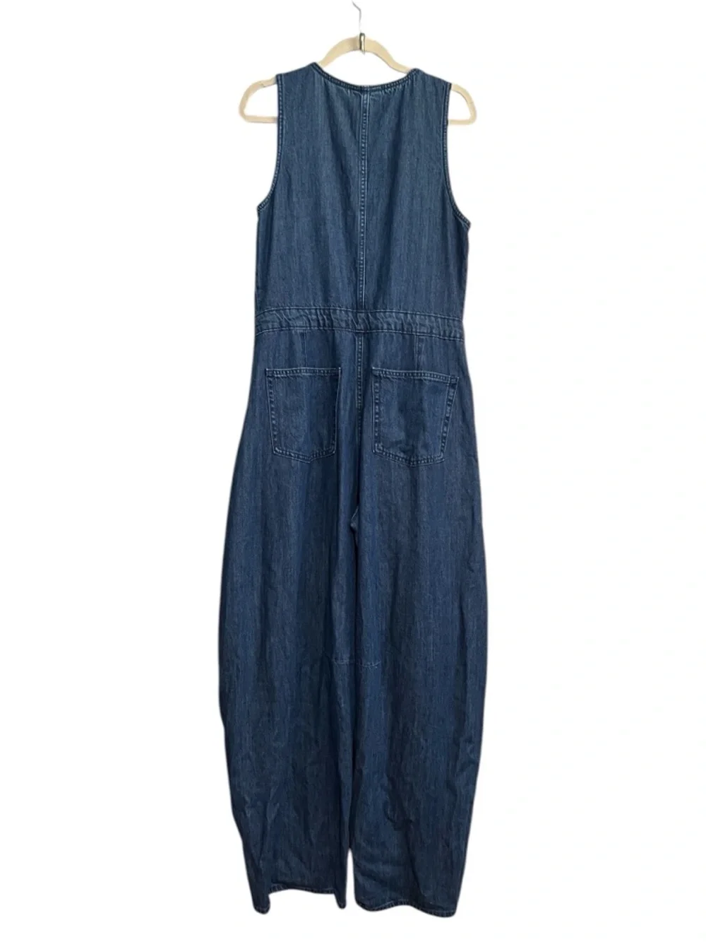 Curved Leg Denim Jumpsuit - Medium Wash 10 - Picture 3 of 11